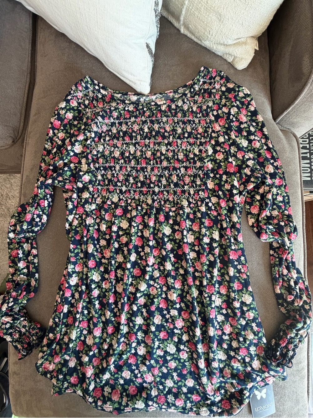 Amazon Girls' Navy Floral Smocked Long-Sleeve Dress
